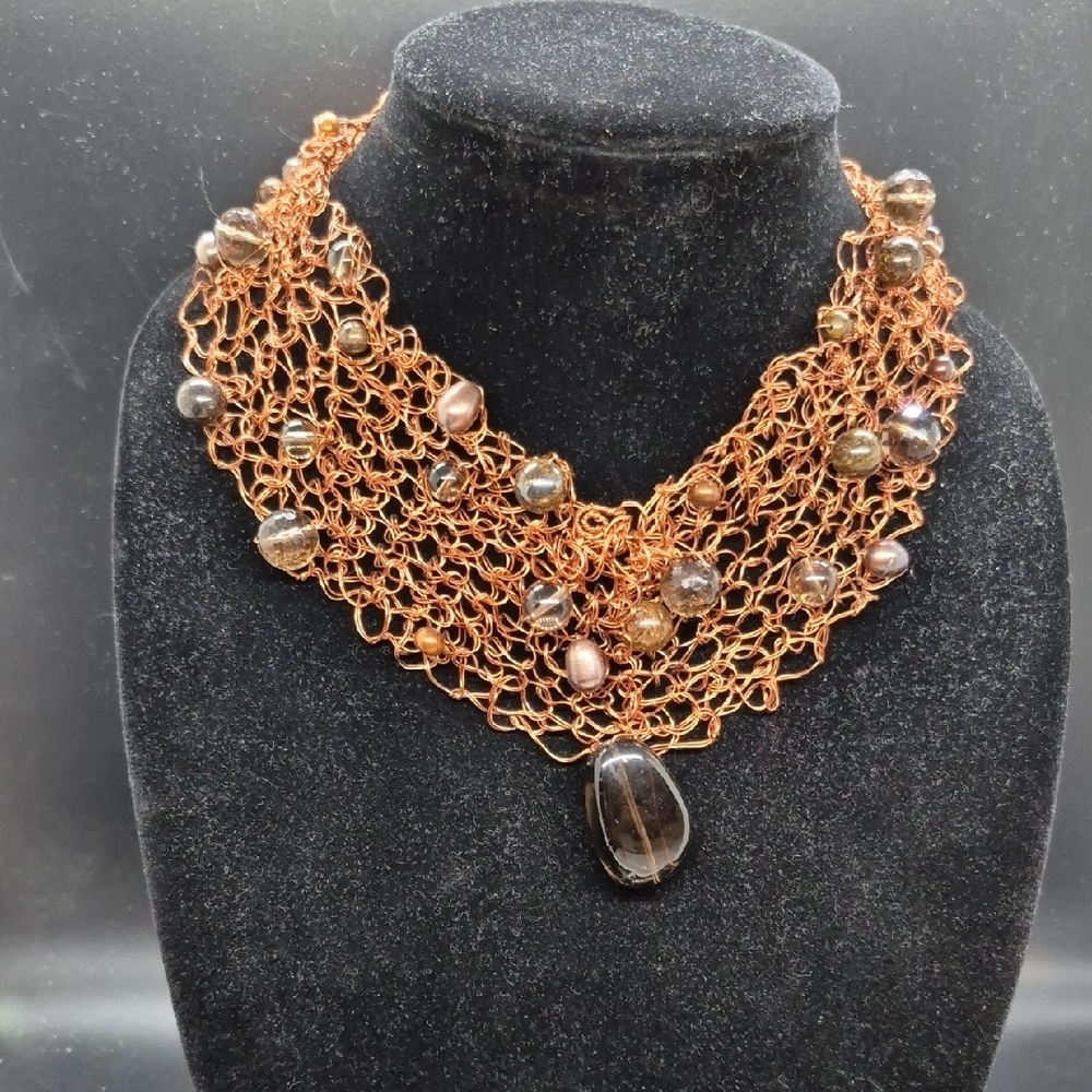 Elegant Copper & Brown Beaded, Crocheted Choker Wire Necklace